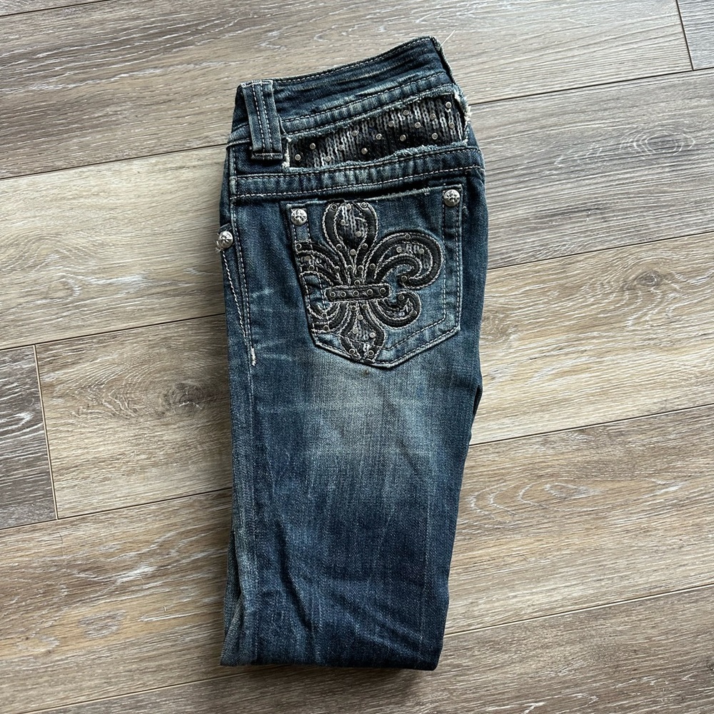 Miss Me Dark Blue Straight Leg Jeans with Embellished Pocket